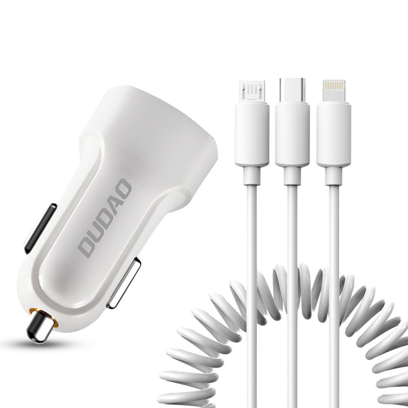 Dudao automašīnas komplekts lādētājs 2x USB 2.4A + kabelis USB 3in1 Lightning / Type C / micro USB kabelis balts (R7 balts)