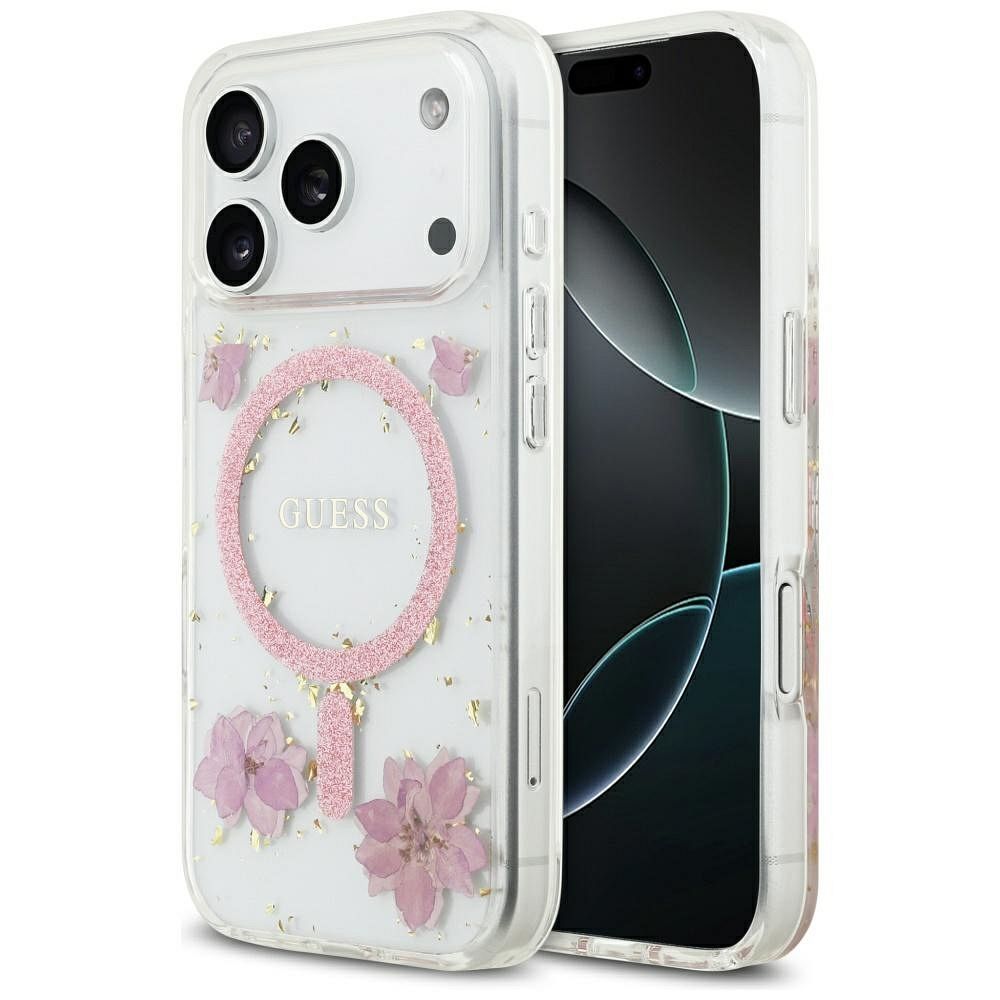 Guess sveķu ziedi spīdīgs magnētiskais viedtālruņa apvalks iPhone 17 Pro rozā