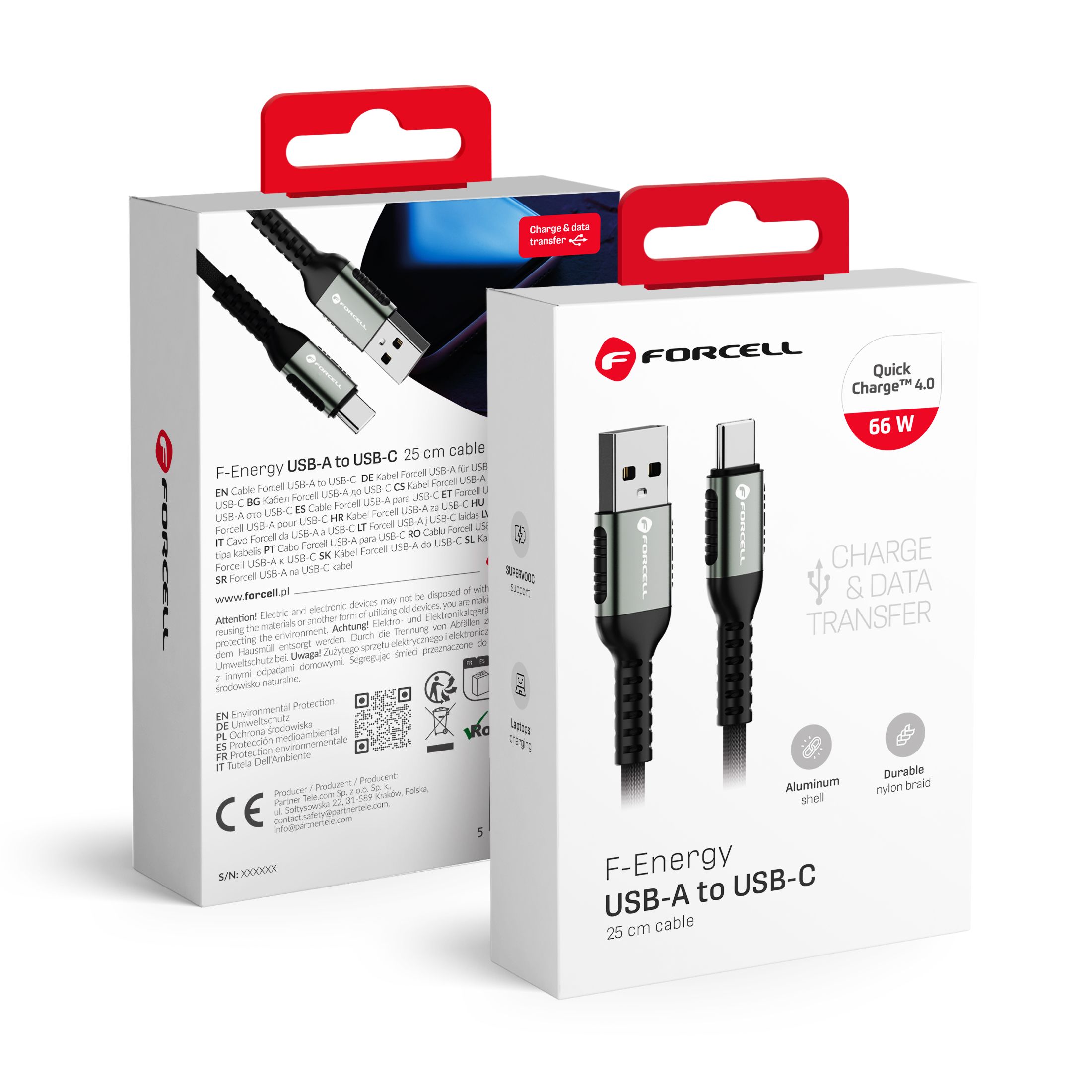 Kabelis (m) C256 USB A uz Type C QC4.0 3A 66W Cafule 0,25 m melns