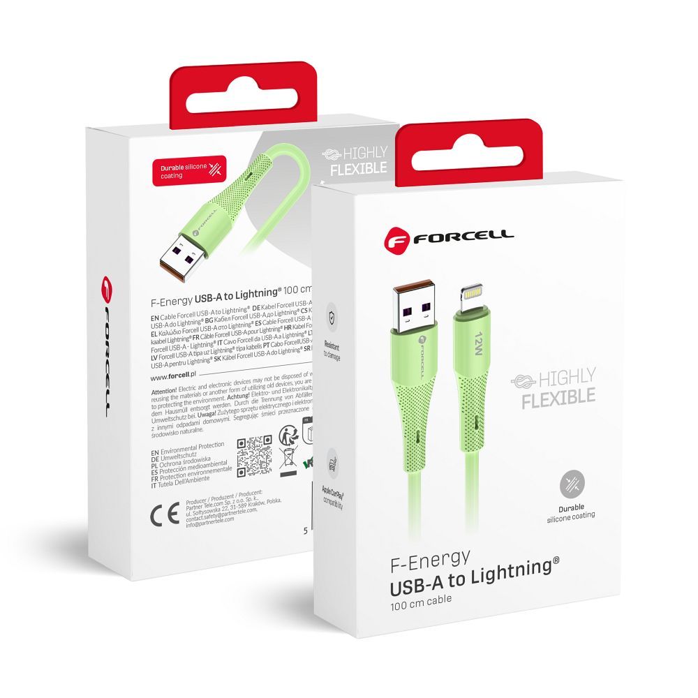 FORCELL F-ENERGY C343 kabelis USB A uz Lightning 2,4A 12W Silicone 1 m zaļš