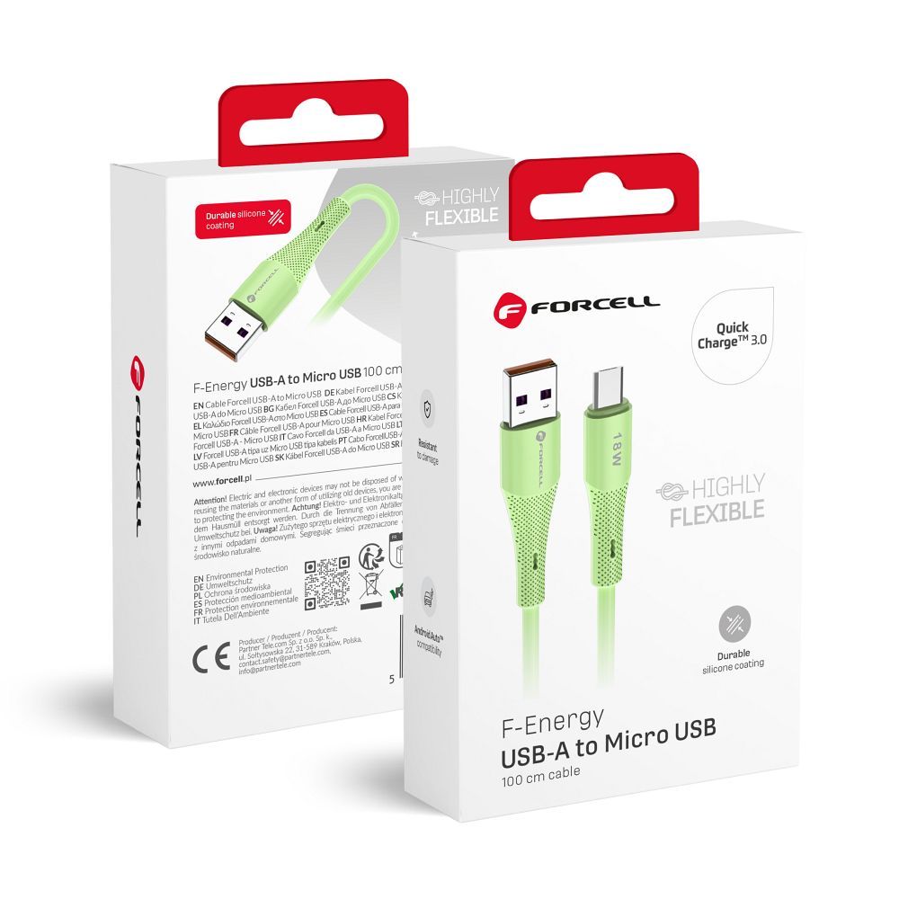 Kabelis FORCELL F-ENERGY C351 USB A uz Micro USB QC3.0 2,4A 18W Gradient 1 m zaļš (m)