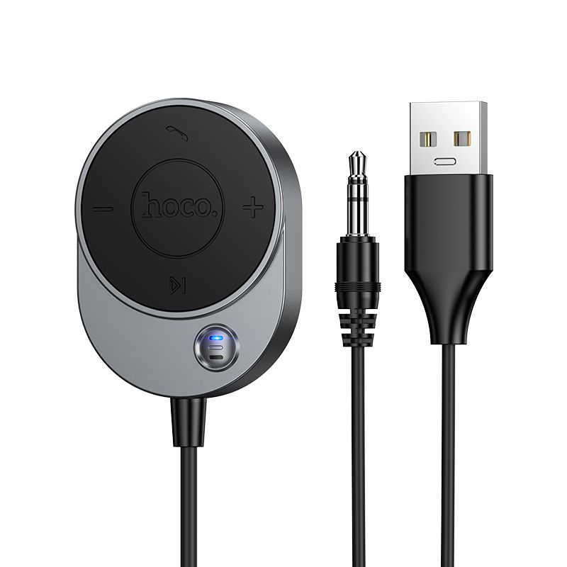 Bezvadu automašīnas uztvērējs Hoco AUX Bluetooth ar kabeli Jack 3,5 mm E150 metālisks pelēks
