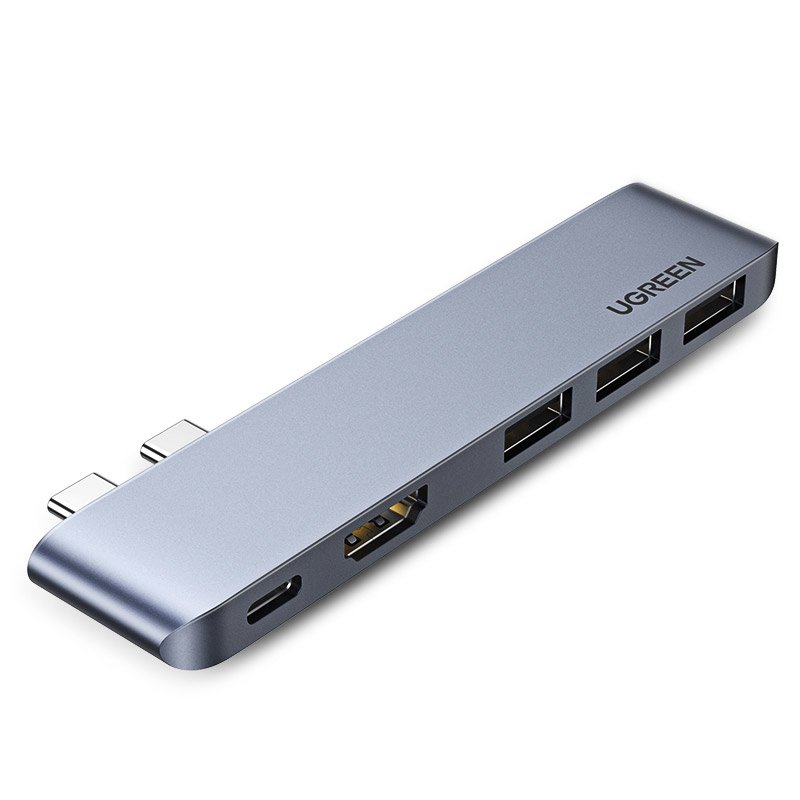 Ugreen HUB 60559 2x USB-C / USB-C PD (Thunderbolt 3, 100W, 4K 60 Hz, 10 Gbps) / HDMI 4K 30 Hz / 3x USB 3.0 MacBook Pro / Air - pelēks