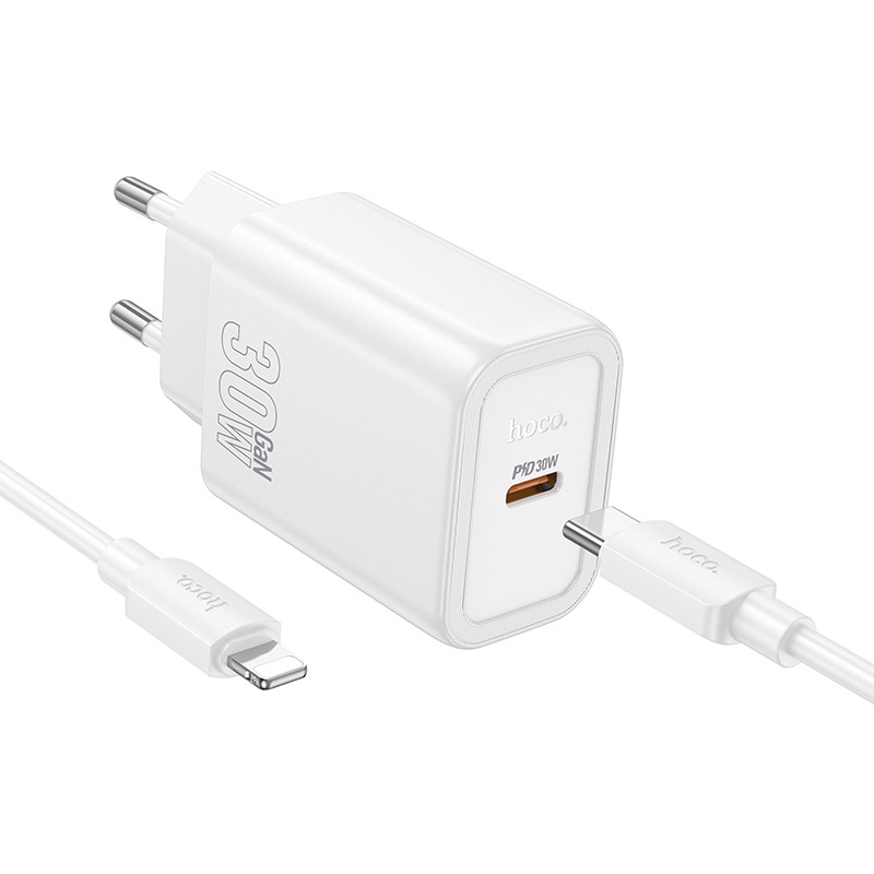 Lādētājs Hoco N62 30W GaN USB-C + USB-C uz Lightning kabelis 1.0m, balts