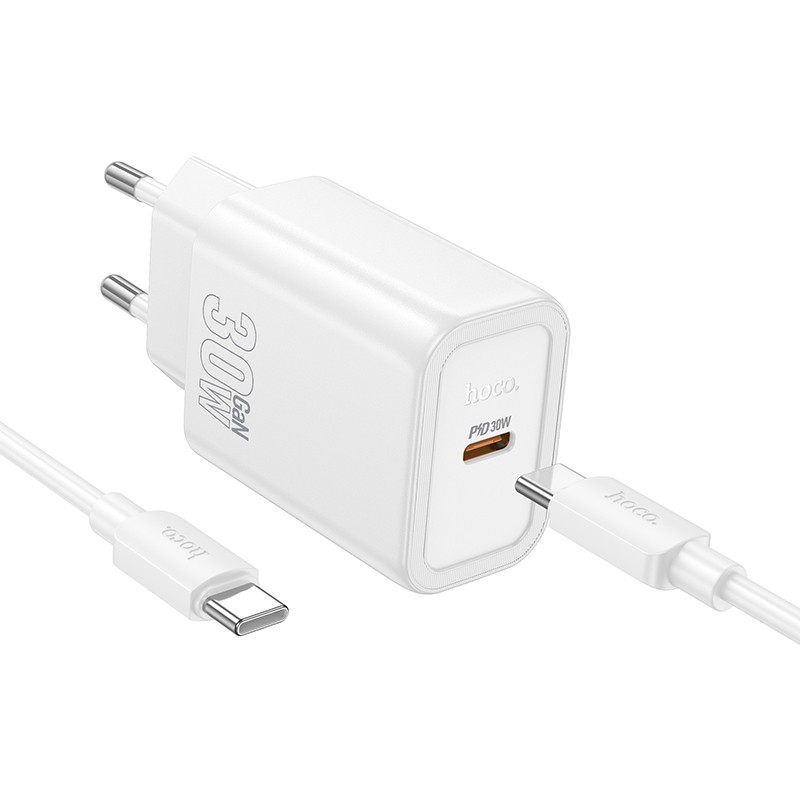 Lādētājs Hoco N62 30W GaN USB-C + USB-C uz USB-C kabelis 1.0m, balts