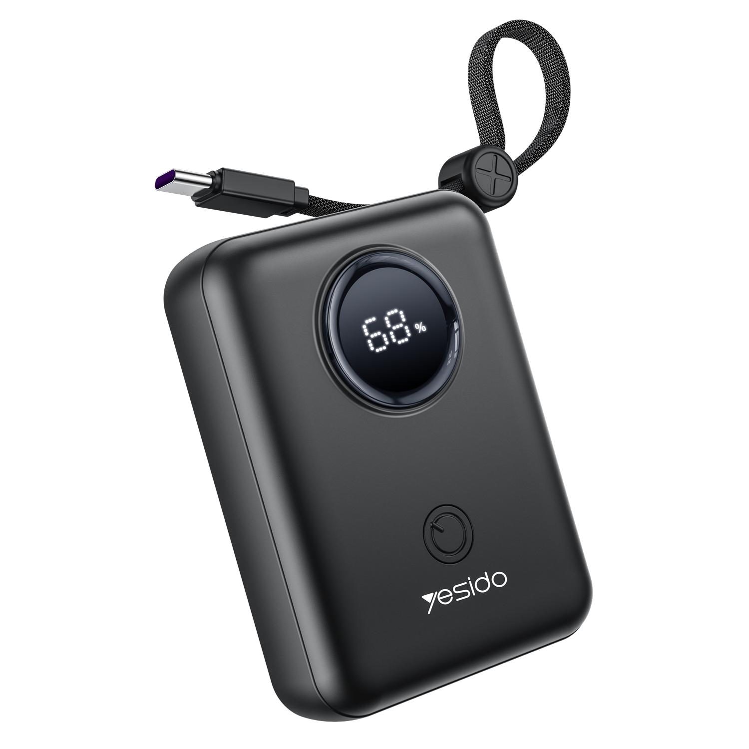 YESIDO POWERBANK YP64 10000mAh 22,5W LED USB-A+C + USB-C/LIGHTNING KABELIS melns