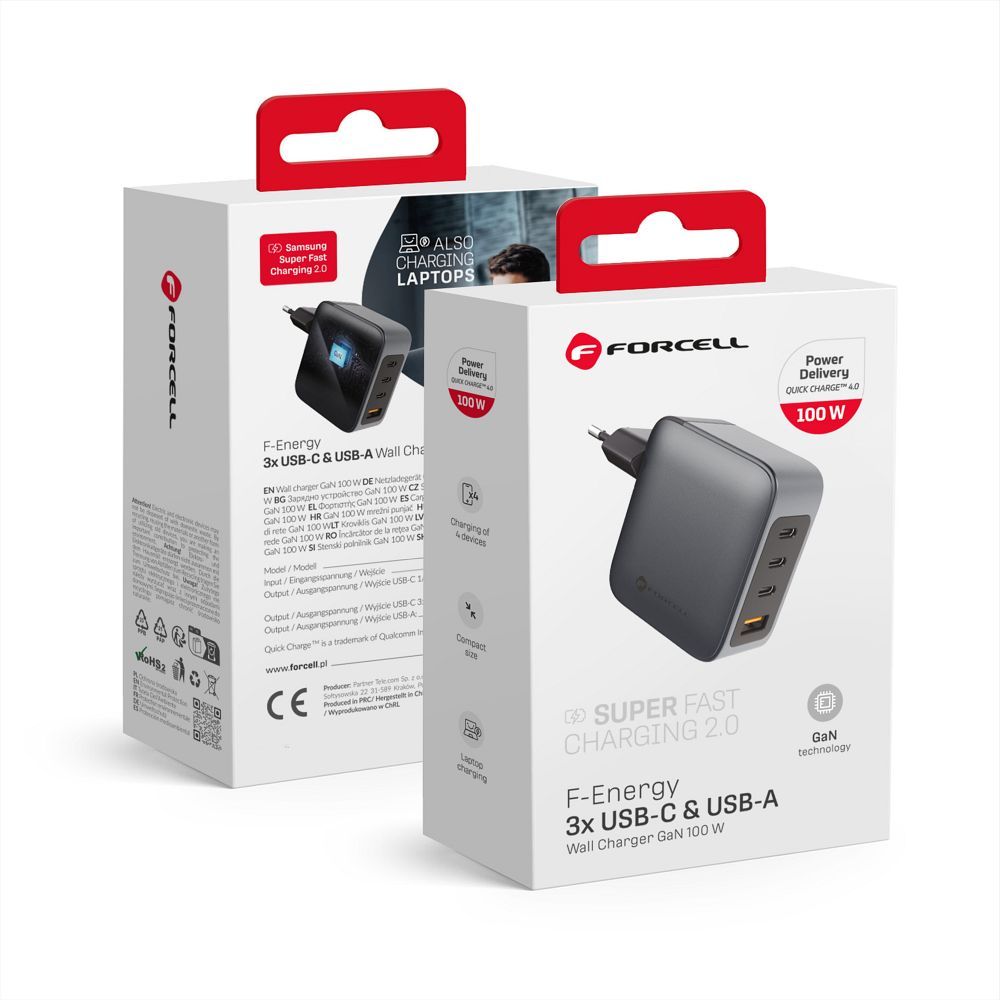FORCELL F-ENERGY GaN VT-46 pelēks ceļojuma lādētājs 3 x Type C + USB A PD QC4.0 5A 100W ar PD