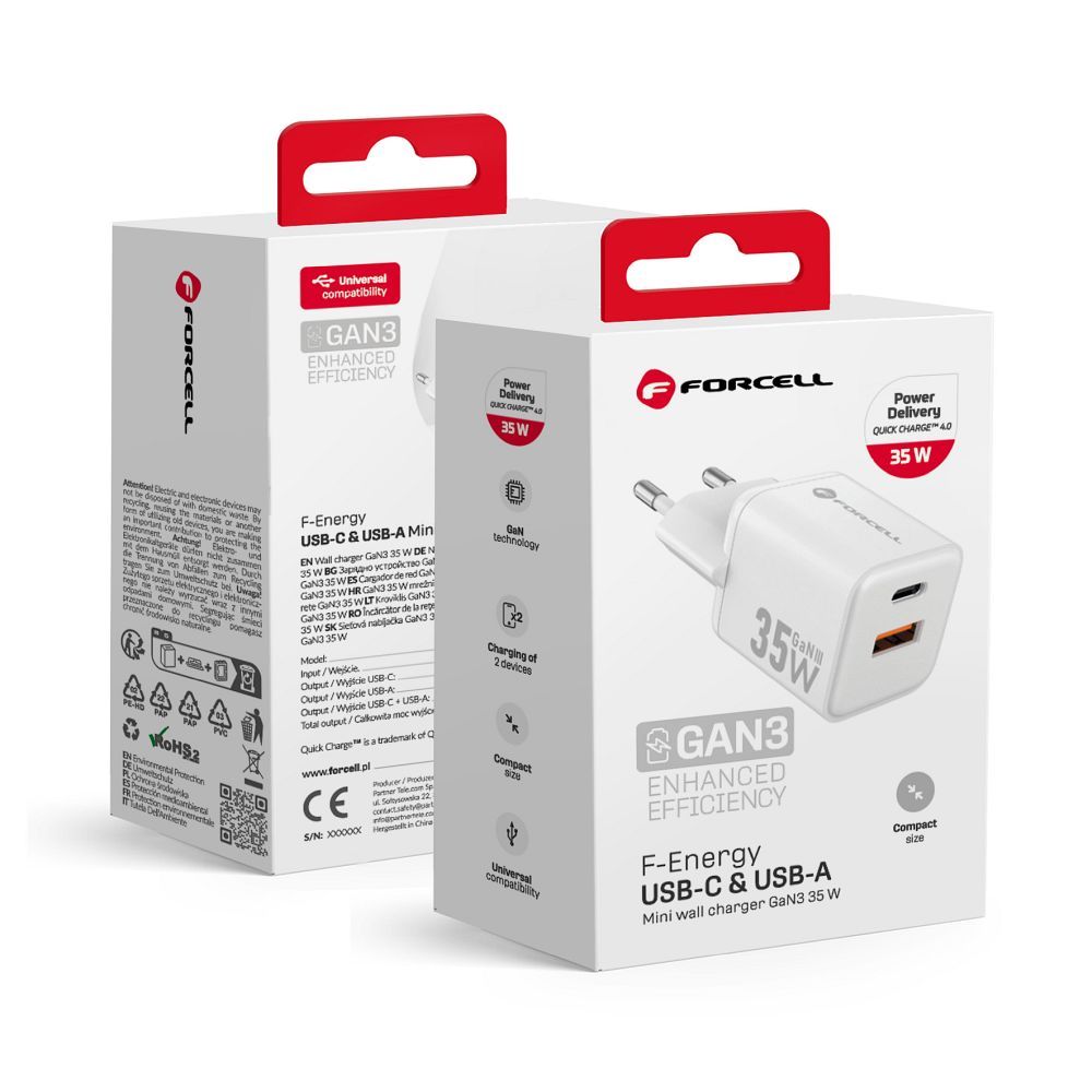 FORCELL F-ENERGY Mini GaN III VT-35C ceļojumu lādētājs ar 1 x Type C + 1x USB A ligzdām, PD QC4.0 35W balts