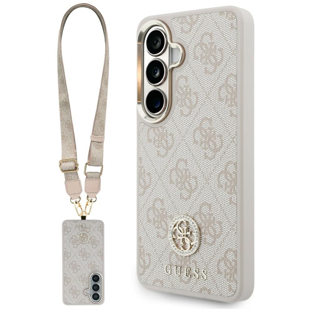 Guess 4G Big Rhinestone Triangle Strap MagSafe maciņš + siksniņa Samsung Galaxy S26 rozā
