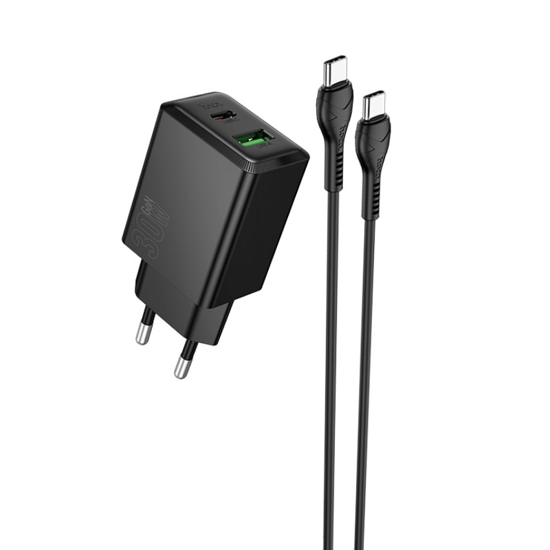 Lādētājs Hoco N71 30W GaN USB-C/USB-A + USB-C uz USB-C kabelis 1.0m melns