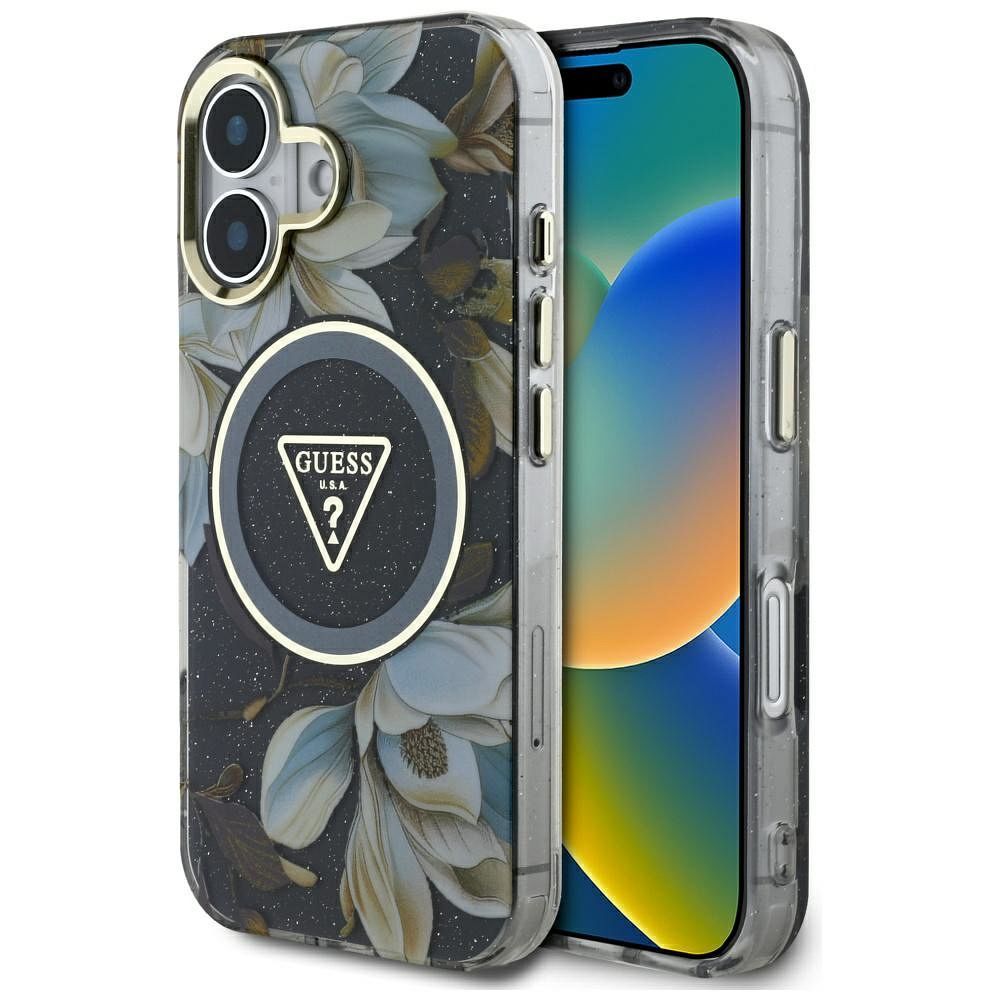 Guess Glitter Flowers Triangle Buttons Magnētiskais viedtālruņa apvalks iPhone 16 - melns