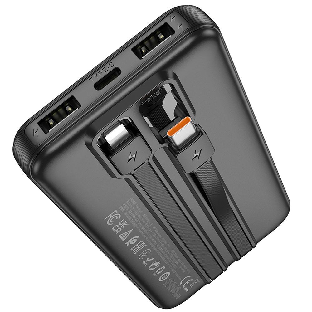 Portatīvais lādētājs Hoco 10000 mAh 2A ar iebūvētiem kabeļiem USB C + Lightning J118 melna