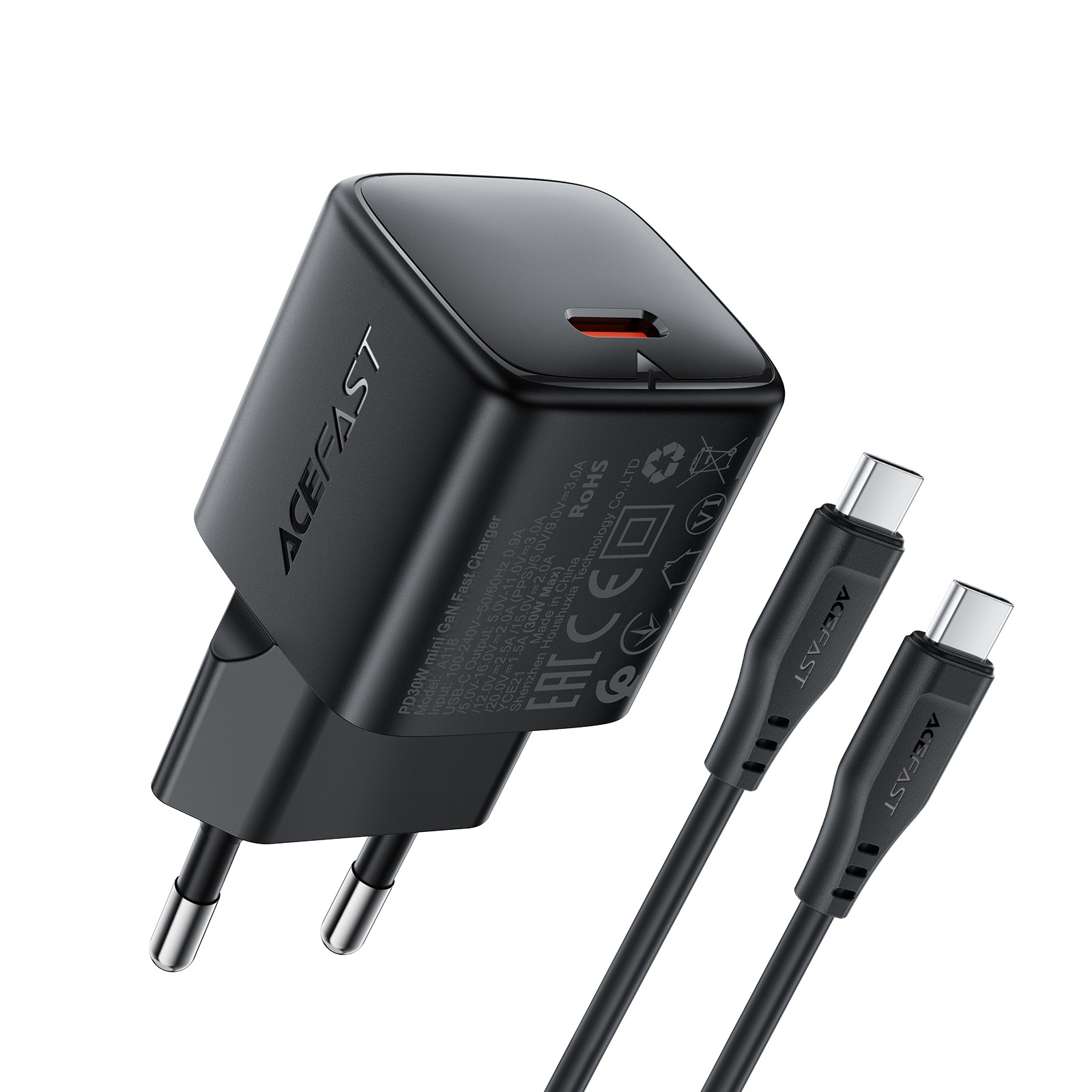 Lādētājs Acefast A118 30W GaN USB-C + USB-C uz USB-C kabelis 1.2m melns
