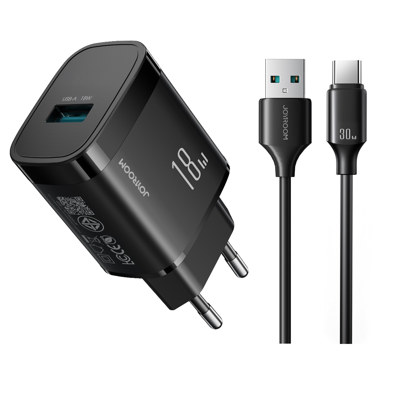 Joyroom JR-TF4 18W sienas lādētājs ar 3A USB-A - USB-C 1m kabeli melns