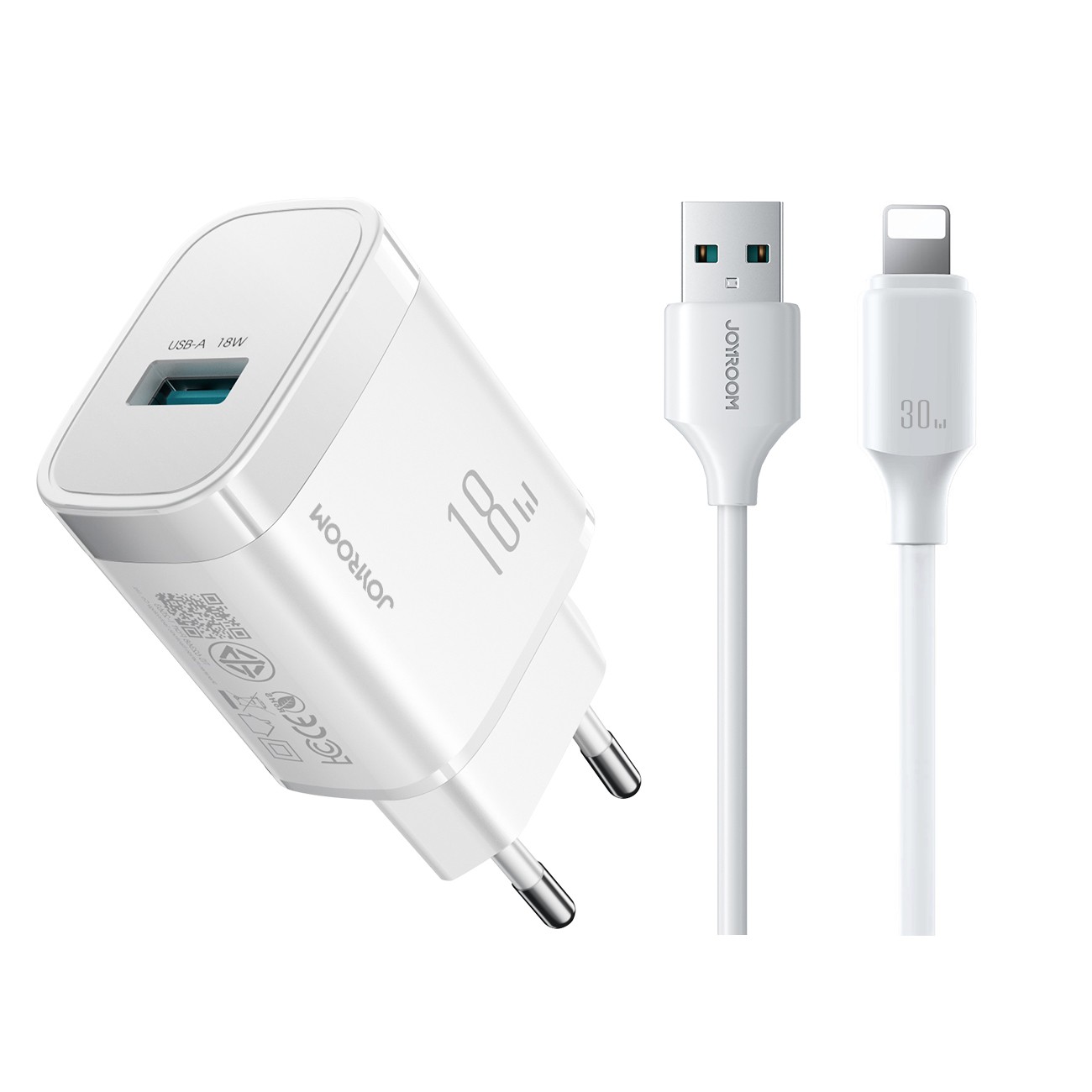Lādētājs Joyroom JR-TF4 18W USB-A + USB-A uz Lightning Kabelis 1.0m balts