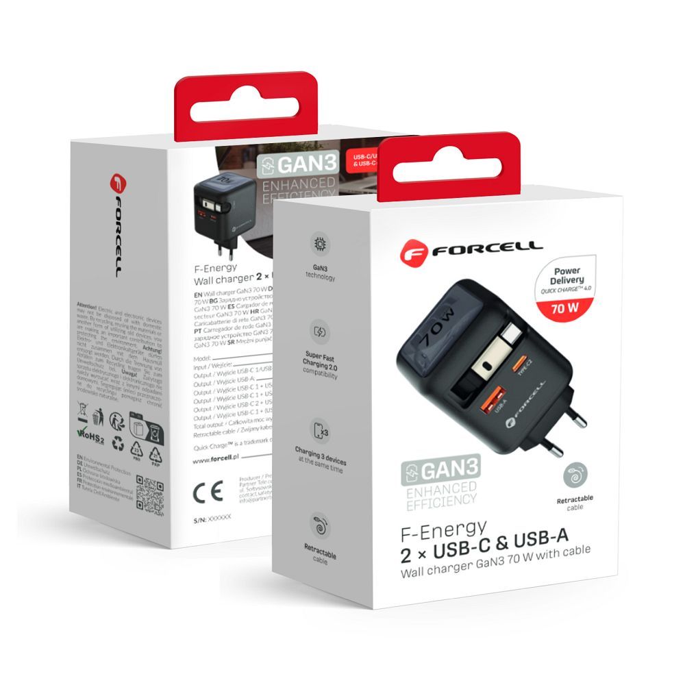 FORCELL F-ENERGY GaN III VT-R7 ceļojumu lādētājs ar izvelkamu kabeli Type C un 1x Type C, 1x USB A uzlādes portiem PD QC4.0 3A 70W pelēks