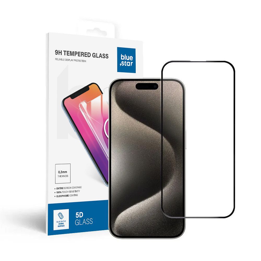 Aizsargstikls Blue Star - APP IPHONE 15 Pro 5D pilns pārklājums - melns