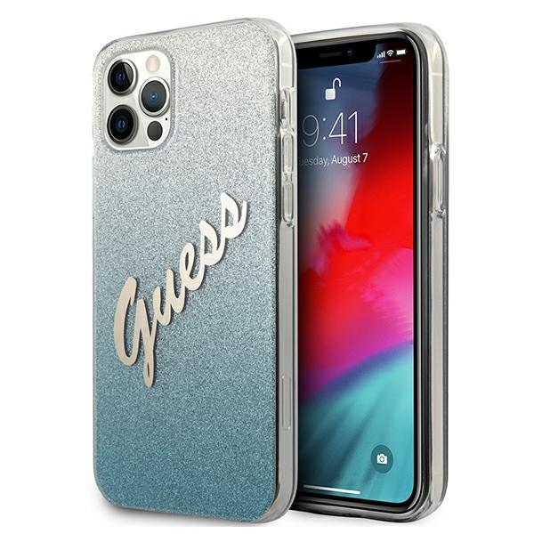 Guess GUHCP12MPCUGLSBL iPhone 12/12 Pro 6.1" zilais kietais vāciņš Glitter Gradient Script