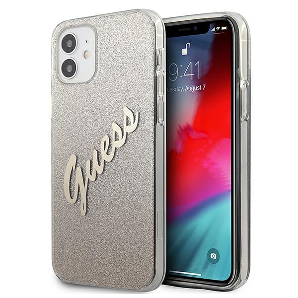 Guess GUHCP12SPCUGLSGO iPhone 12 mini 5.4" zelta/zelta cietais apvalks Glitter Gradient Script