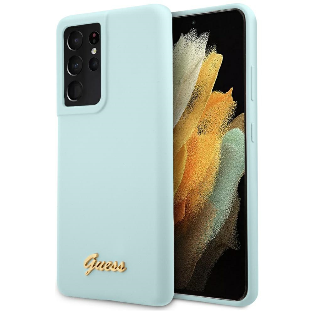 Viedtālruņa apvalks Guess GUHCS21LLSLMGLB S21 Ultra G998 zils/zils ciets apvalks Silikona Skripts Metāla Logo