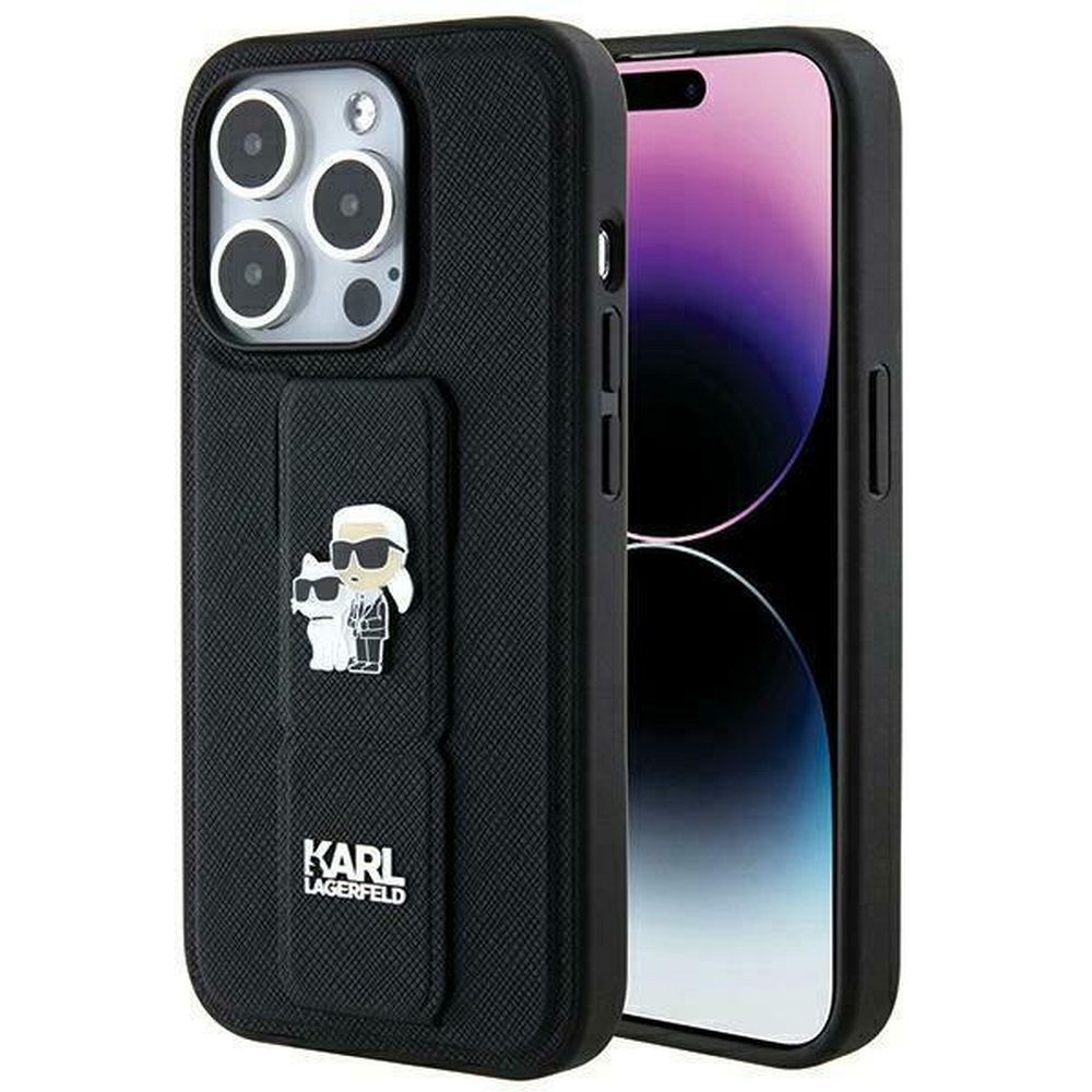 Karl Lagerfeld Gripstand Saffiano Karl&Choupette Pins viedtālruņa apvalks iPhone 14 Pro - melns
