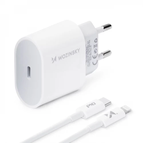Lādētājs Wozinsky Quick Charge, balts PD 20W + Type-C / Lightning balts kabelis 100cm