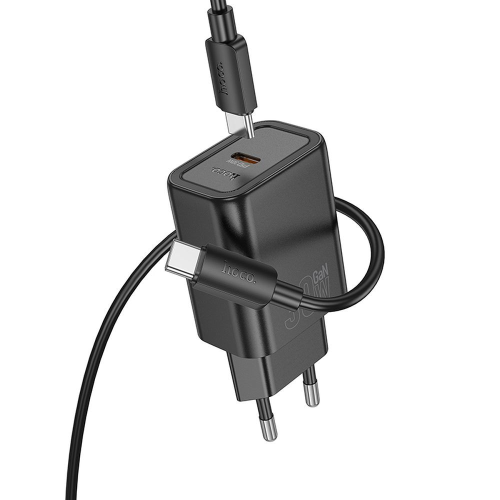 Viedtālruņa lādētājs Hoco USB C QC PD 30W + kabelis USB C uz USB C N62 melns