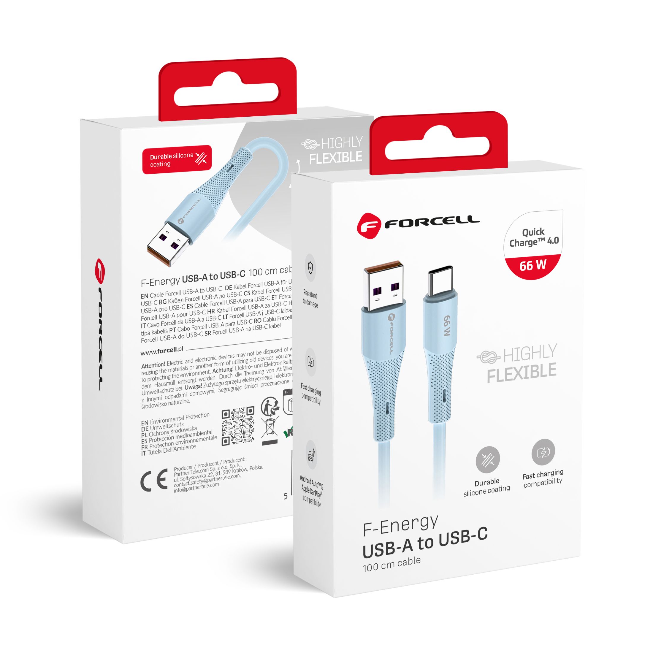 FORCELL F-ENERGY C342 kabelis USB A uz Type C QC4.0 3A 66W Silikona 1 m zils