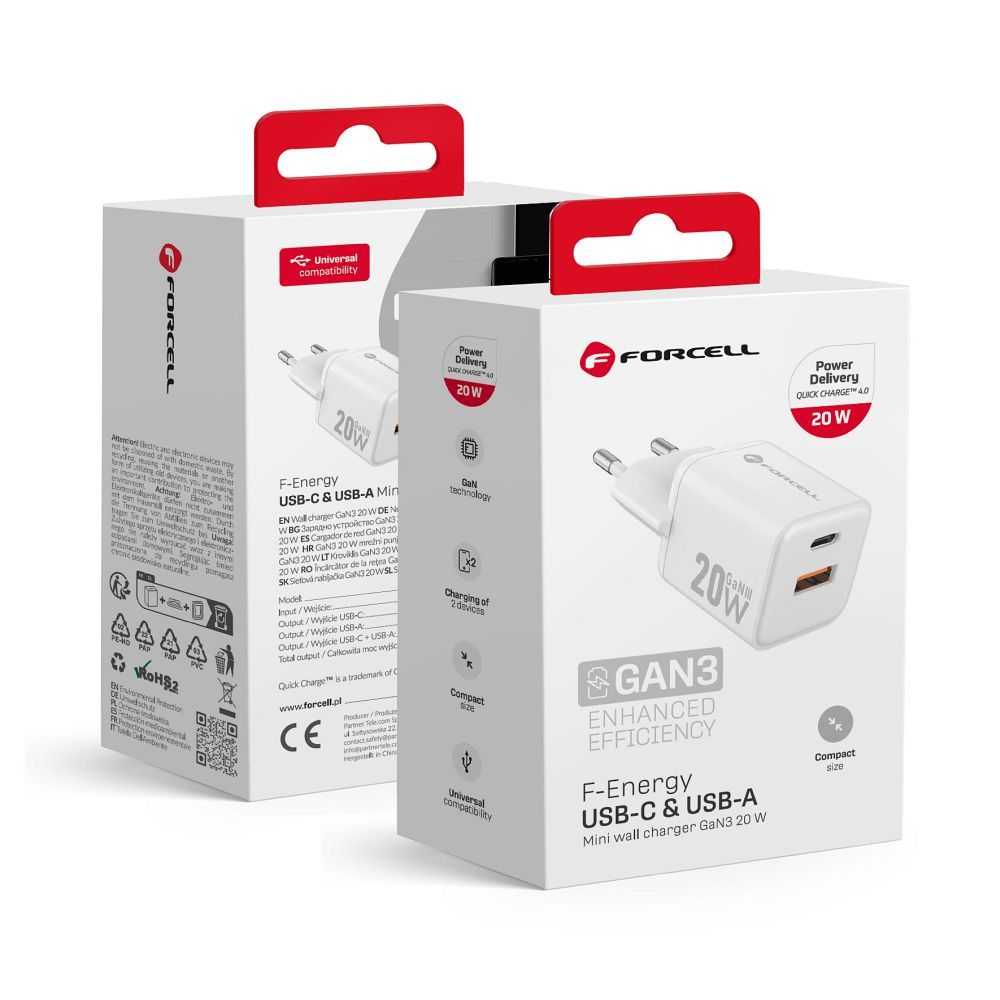 FORCELL F-ENERGY Mini GaN III VT-35A ceļojumu lādētājs ar 1 x Type C + 1x USB A ligzdām, PD QC4.0 20W balts