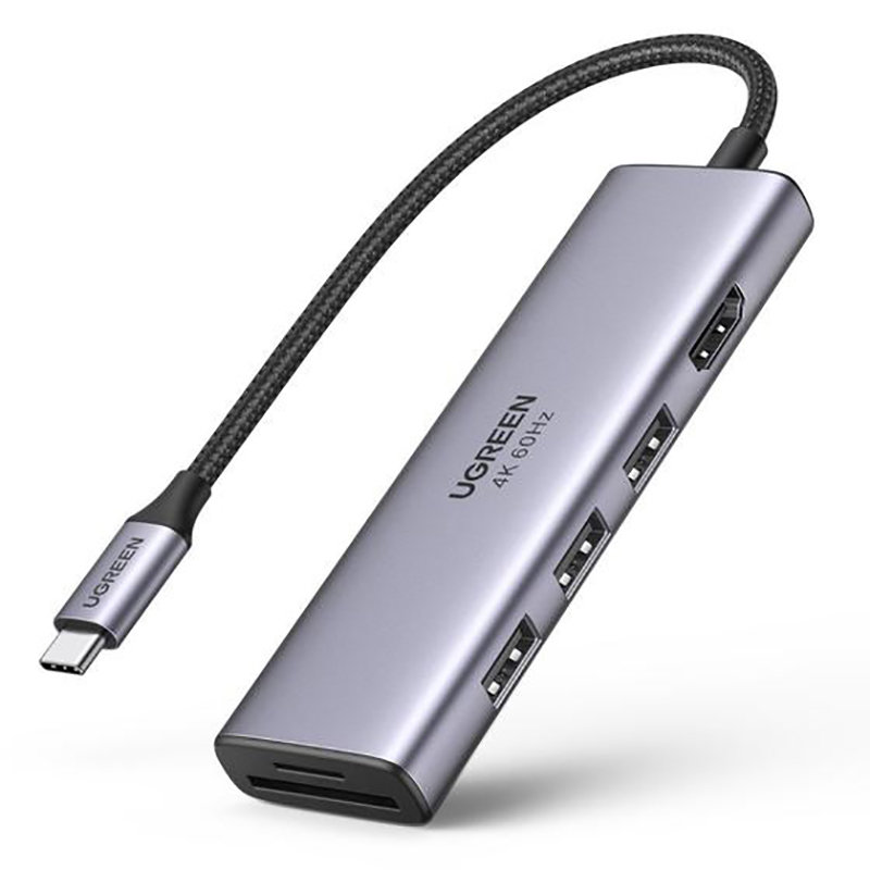 Ugreen daudzfunkcionāls HUB USB Type C - 3x USB 3.2 Gen 1 / HDMI 4K 60Hz / SD un TF karšu lasītājs pelēks (60383 CM511)