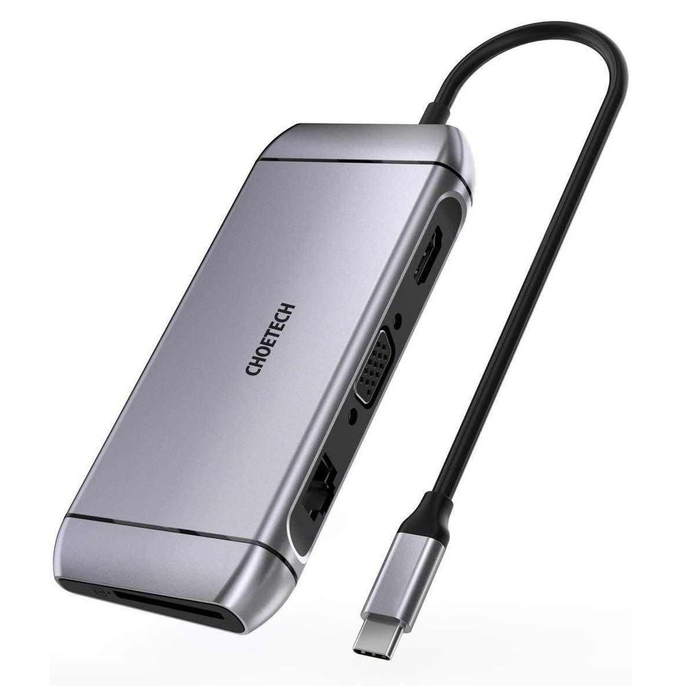 Choetech 9in1 daudzfunkcionāls USB Type C centrmezgls - 3x USB 3.2 Gen 1 / SD un TF atmiņas karšu lasītājs / HDMI 4K 30Hz / VGA Full HD 60Hz / USB Type C / RJ45 pelēks (HUB-M15 pelēks)