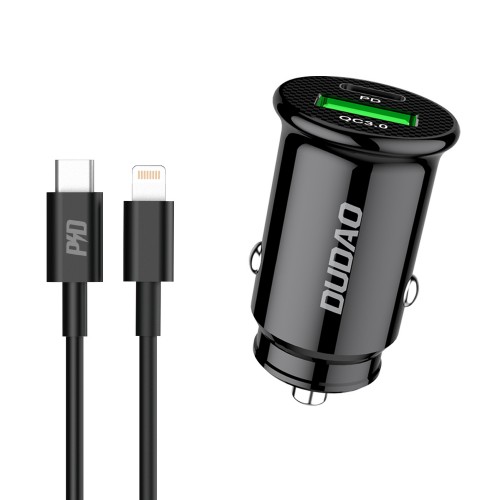 Auto lādētājs Dudao "R3PRO" Melns (1xUSB / 1xUSB-C / 18W) + "Type-C / Lightning" kabelis