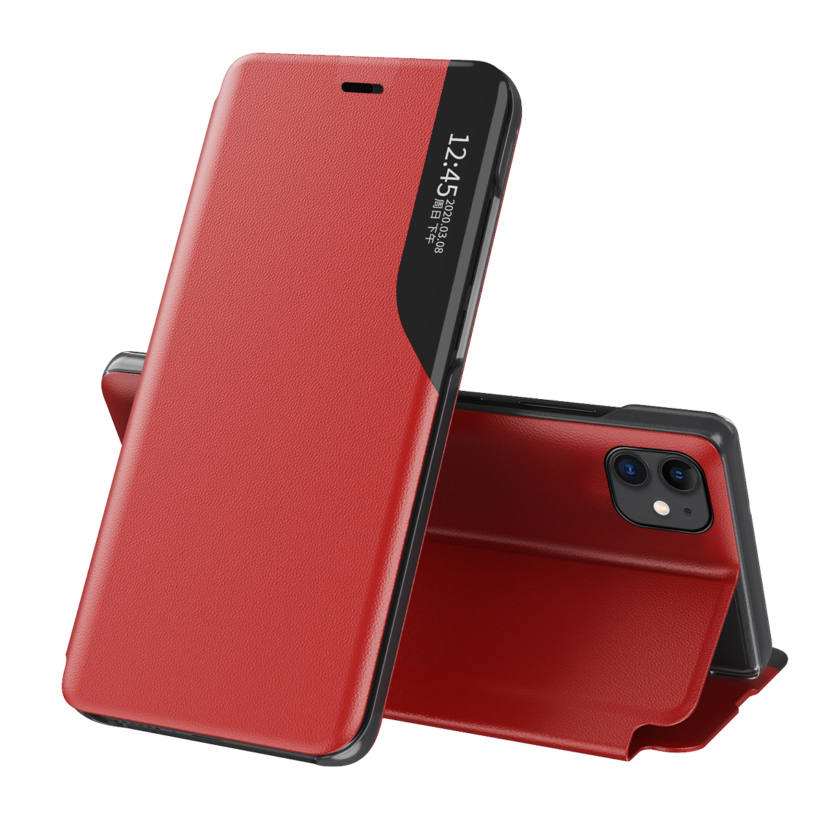 Eco Leather View Case elegants grāmatas tipa viedtālruņa apvalks ar statīvu iPhone 13 Pro Max sarkans