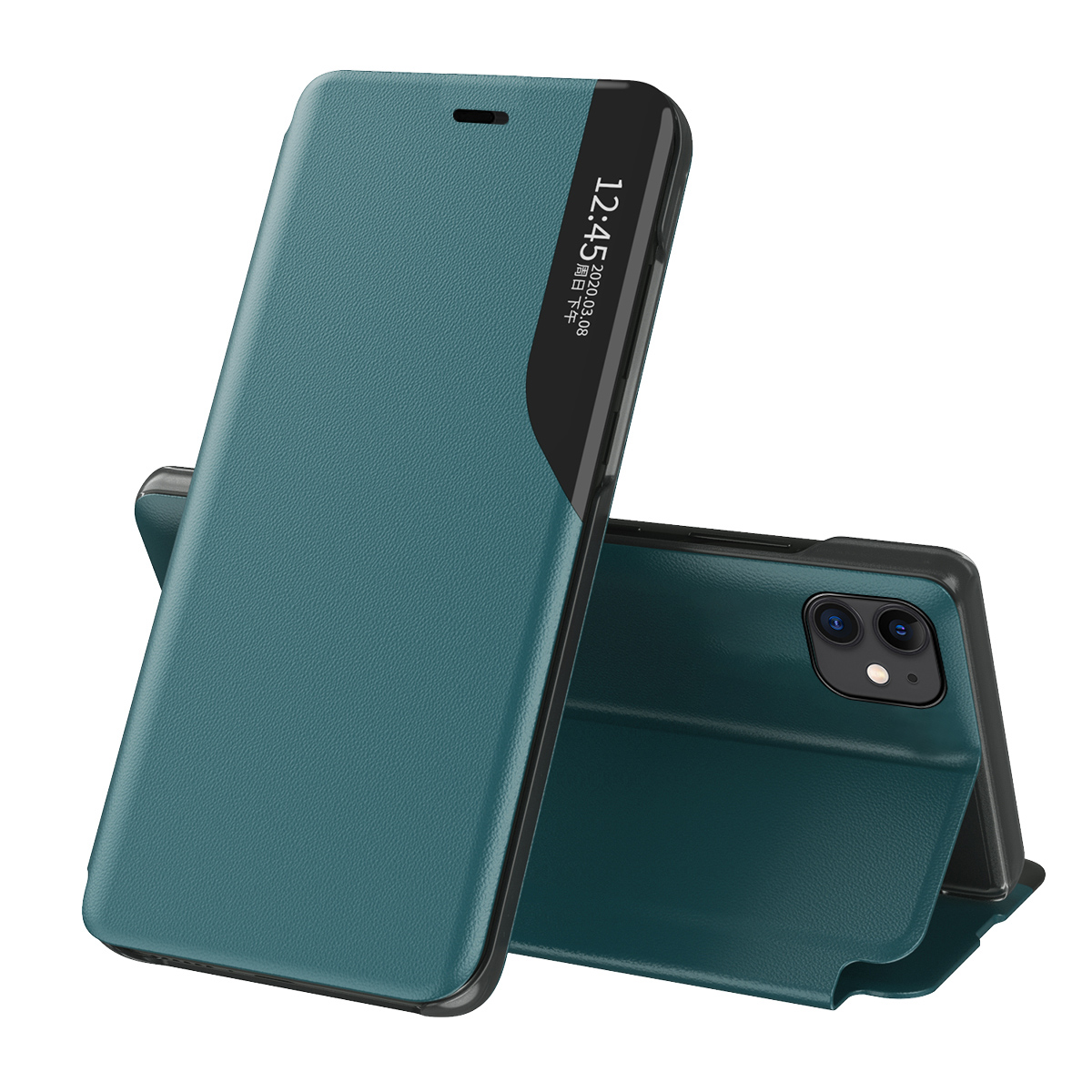 Viedtālruņa apvalks no ekoloģiskas ādas, elegants grāmatu plaukta tipa vāciņš ar statīvu, piemērots iPhone 13 Pro, zaļš