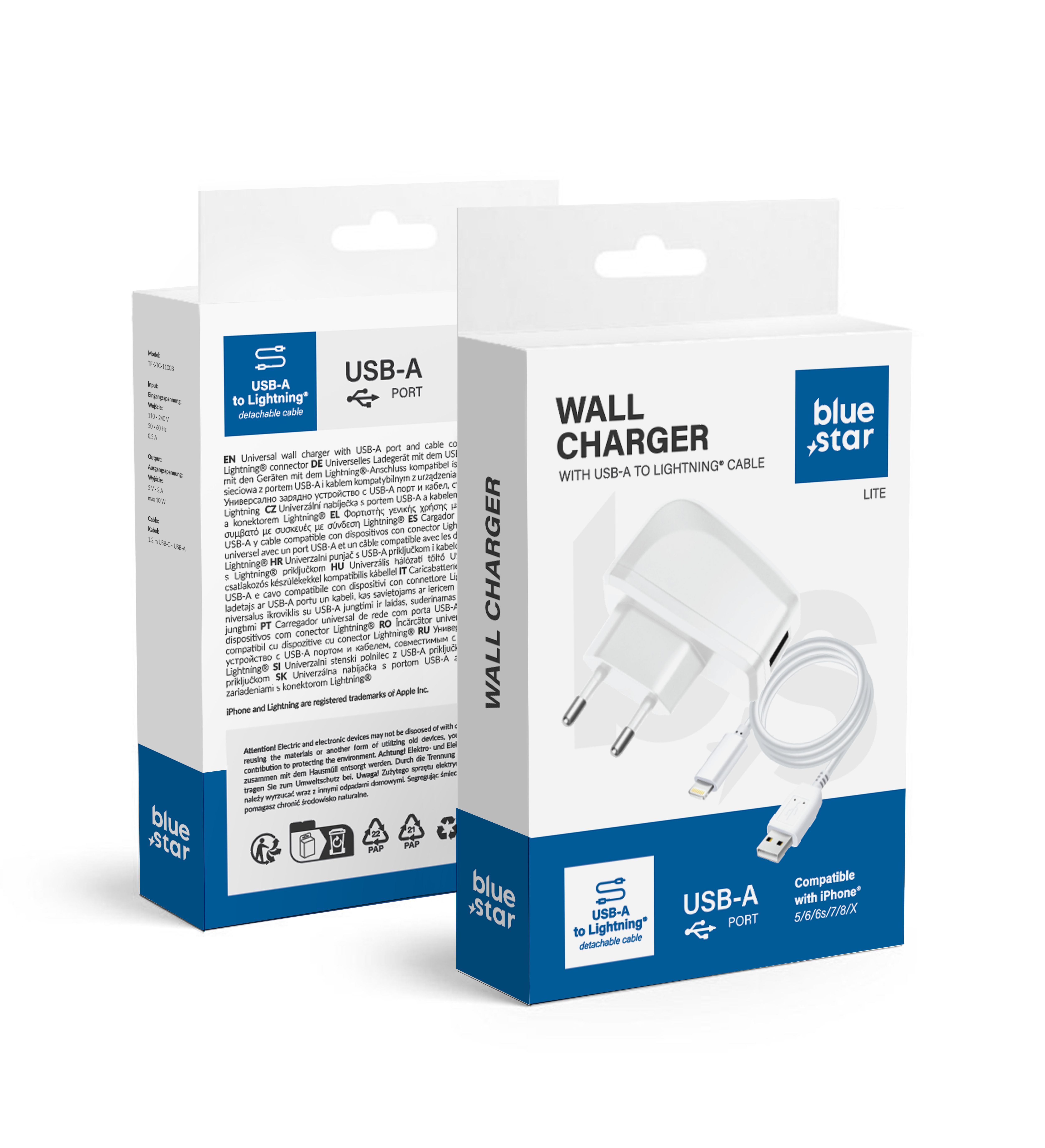 BLUE STAR LITE ceļojumu lādētājs 1A 5W USB A + kabelis USB A uz Lightning TFK-TC-1095B balts
