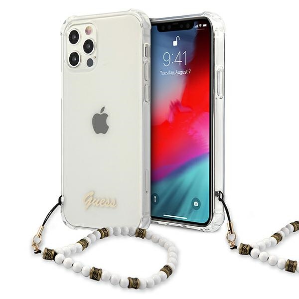 Guess GUHCP12LKPSWH iPhone 12 Pro Max 6,7 caurspīdīgs ciets vāciņš balta pērļu kolekcija