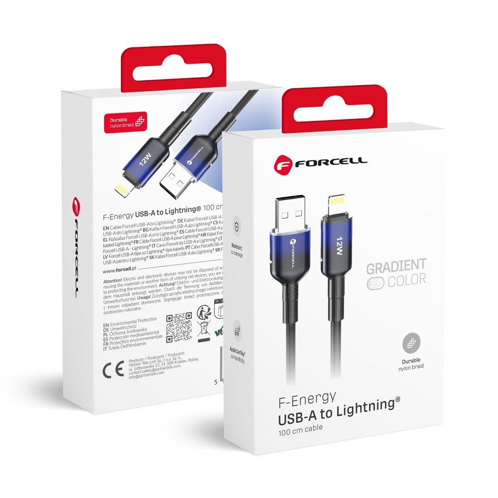 FORCELL F-ENERGY C353 kabelis USB A uz Lightning 2,4A 12W Gradient 1 m melns