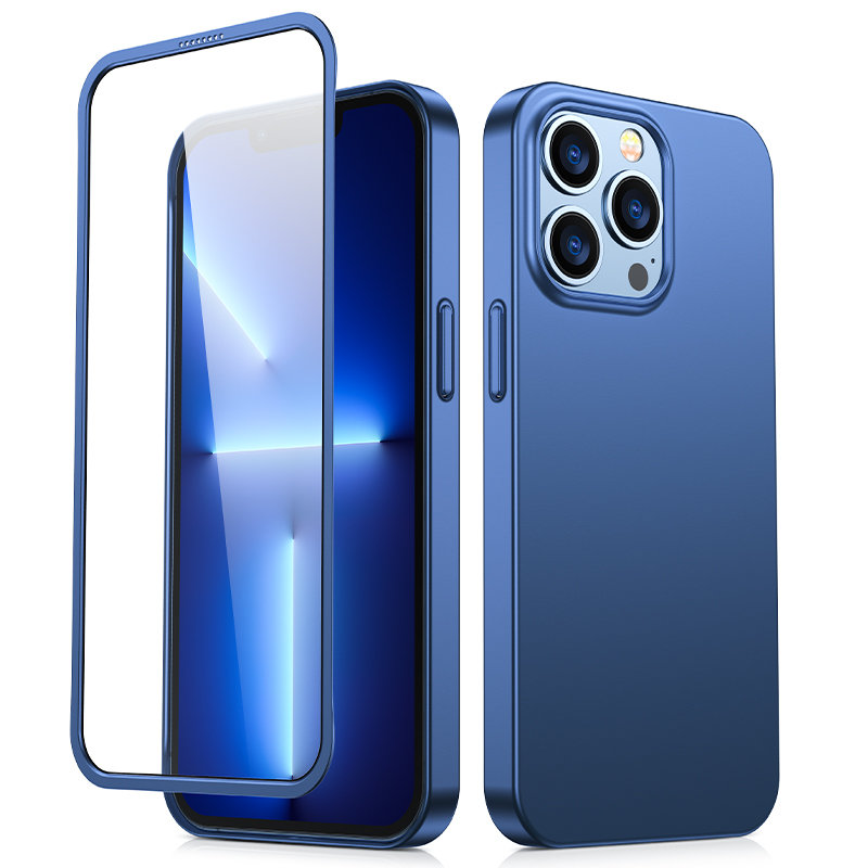 Joyroom 360 pilns viedtālruņa apvalks ar priekšējo un aizmugurējo vāciņu iPhone 13 Pro + rūdītā stikla aizsargstikls zils (JR-BP935 blue)