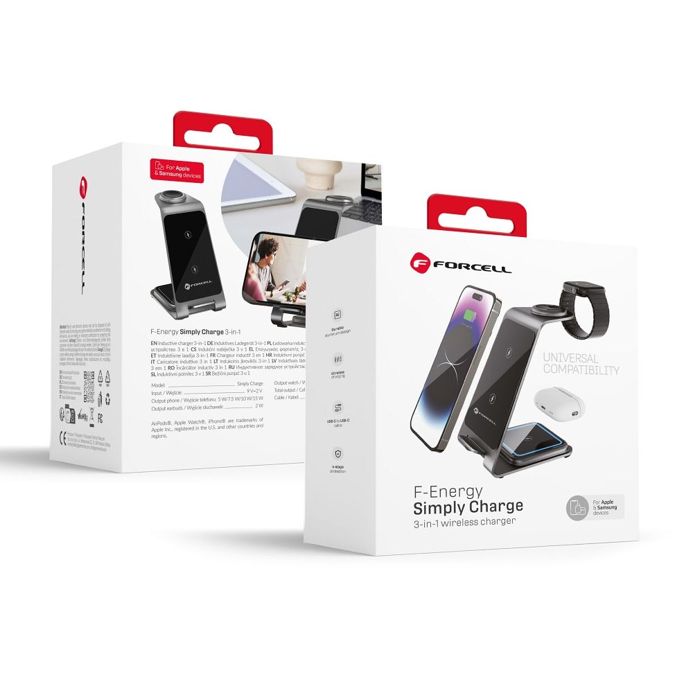 Forcell F-ENERGY Simply Charge 3in1 alumīnijs saderīgs ar Apple Watch un Samsung Watch pelēks