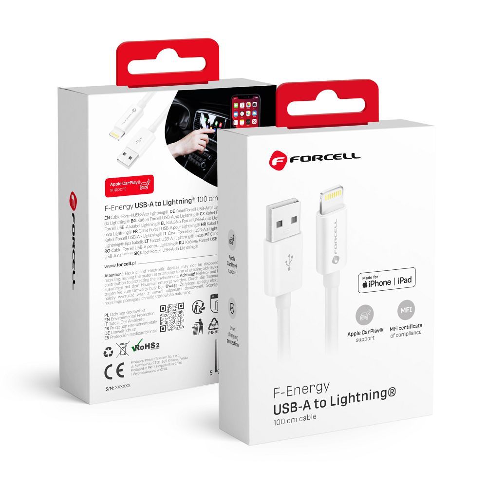 FORCELL F-ENERGY C703 kabelis USB A uz Lightning MFi 2,4A 12W 1 m balts