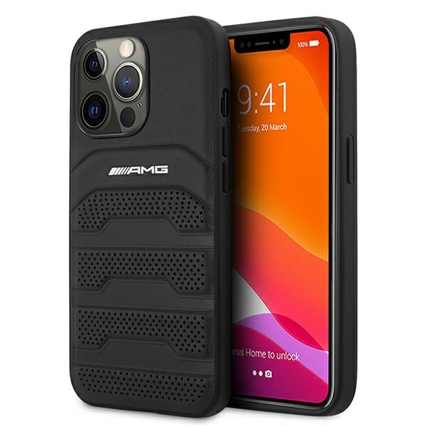 AMG AMHCP13XGSEBK iPhone 13 Pro Max 6,7" melns cietais apvalks ādas iespiestu līniju