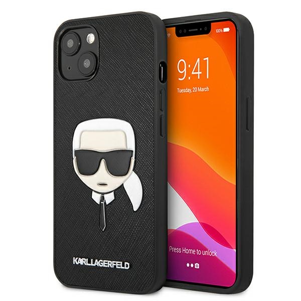 Karl Lagerfeld KLHCP13SSAKHBK cietais maciņš iPhone 13 mini 5,4" Saffiano Ikonik Karl's Head – melns
