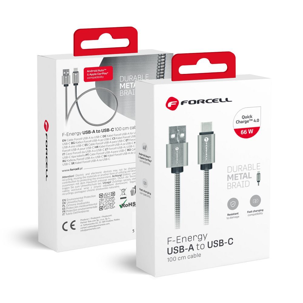 FORCELL F-ENERGY Metal C234 kabelis USB-A uz Type-C QC3.0 66W 1 m sudrabains