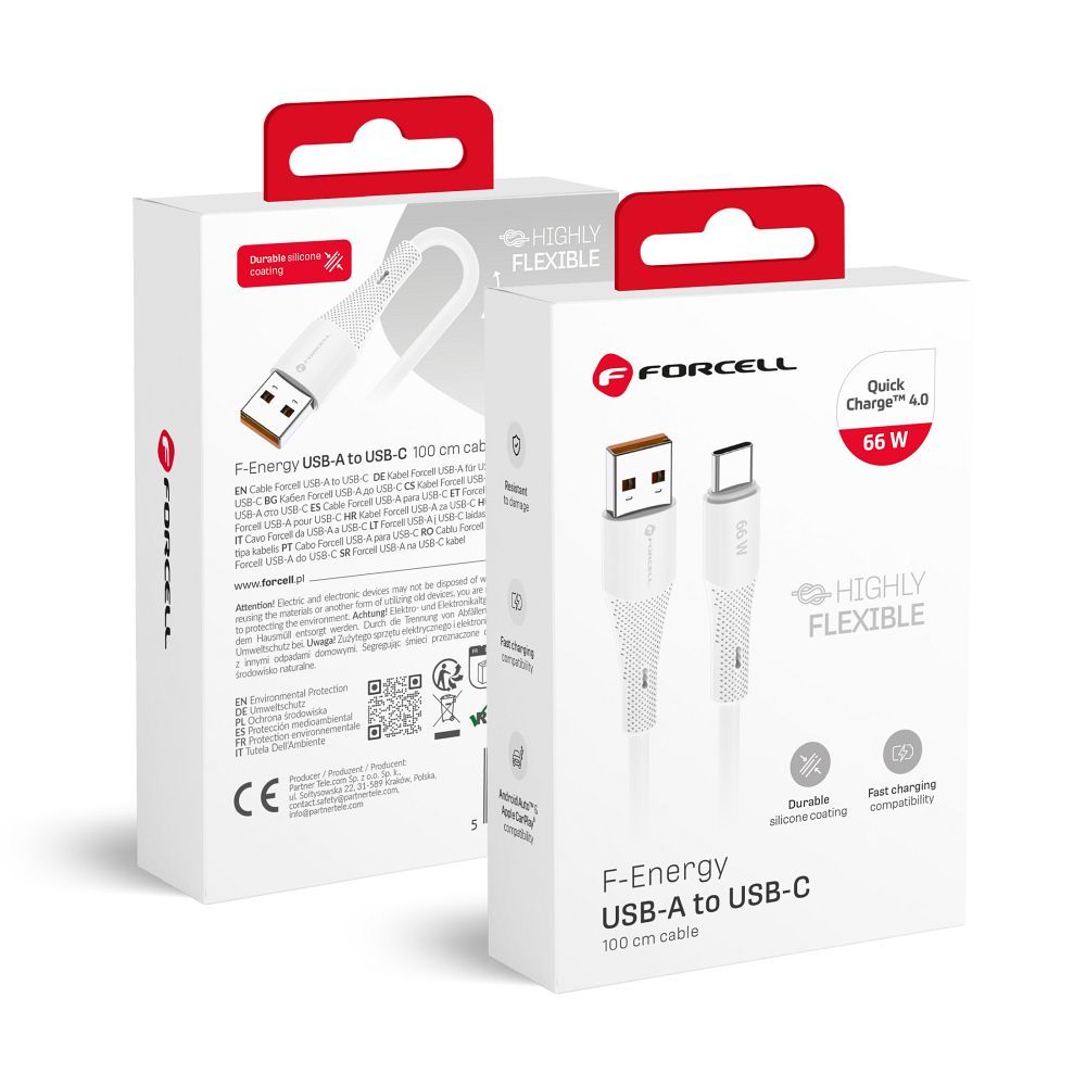 FORCELL F-ENERGY C342 kabelis USB A uz Type C QC4.0 3A 66W Silikona 1 m balts