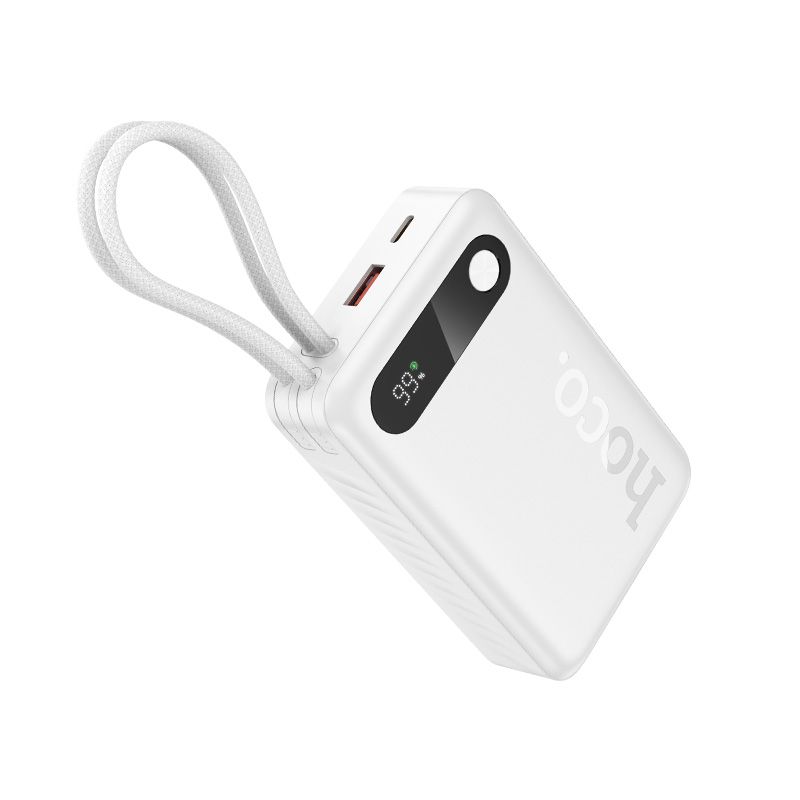 Portatīvais lādētājs Hoco 20000 mAh QC PD 2A 22,5W ar iebūvētiem kabeļiem USB C + Lightning J171A balts