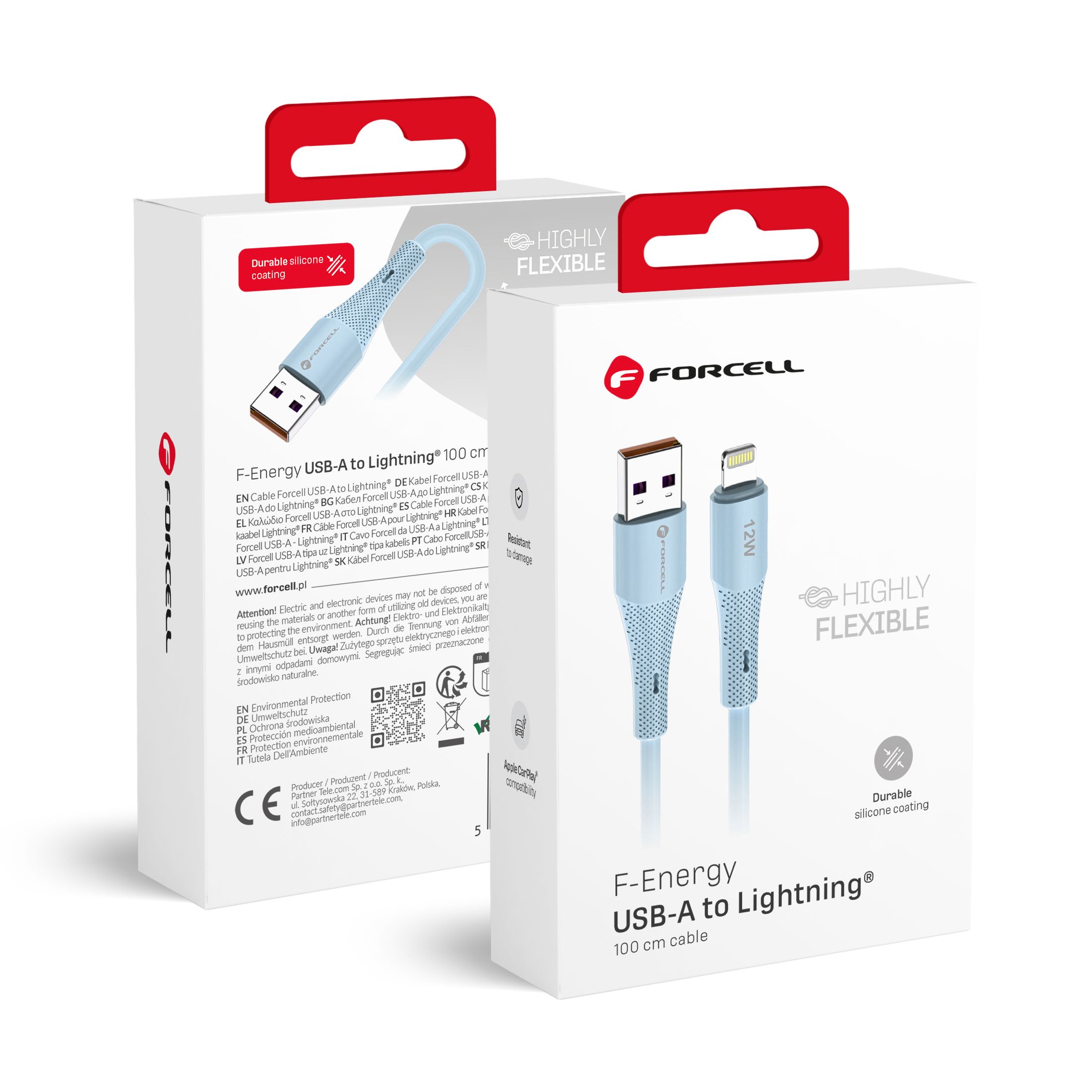 FORCELL F-ENERGY C343 kabelis USB A uz Lightning 2,4A 12W Silikona 1 m zils