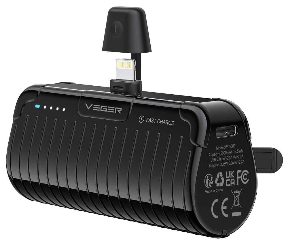 VEGER portatīvais lādētājs 5000 mAh ar iebūvētu savienotāju Lightning PlugOn PD QC3.0 3A 20W W0558P melna