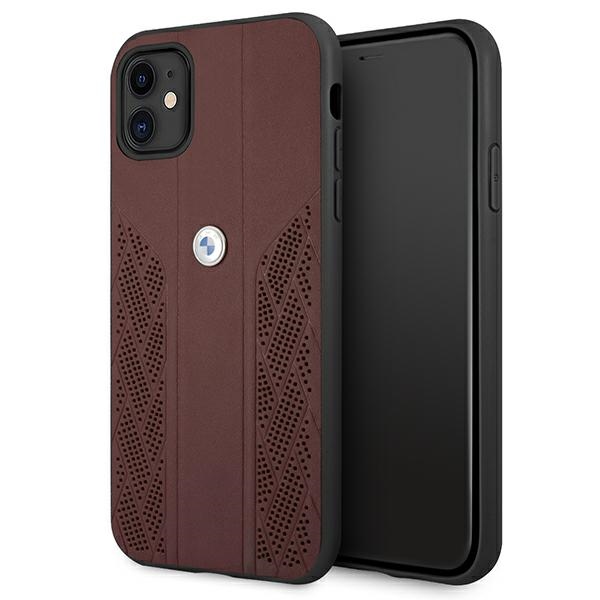 BMW ādas perforēts viedtālruņa apvalks iPhone 11 / Xr - sarkans