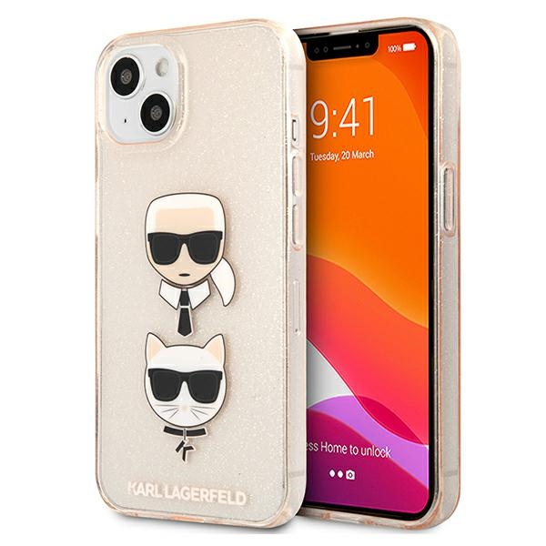 Karl Lagerfeld Glitter Karl's & Choupette Head apvalks iPhone 13 mini - zelts
