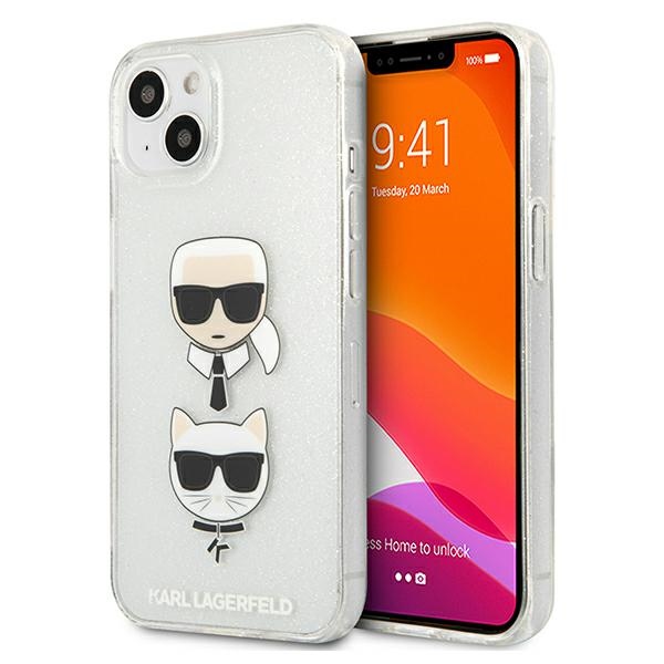 Karl Lagerfeld Glitter Karl's & Choupette Head apvalks iPhone 13 mini - pelēks